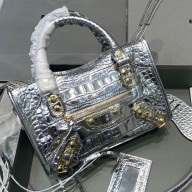 Balenciaga Crocodile pattern cowhide MotorcycleBag in Silver Bb028