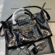 Balenciaga Crocodile pattern cowhide MotorcycleBag in Black Bb036