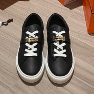 Hermes Cowhide Kelly buckle Flat casual shoes couple models in Black Her043
