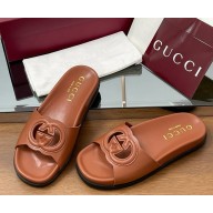 Gucci Women's Interlocking G cut-out slide sandal Brown leather 2025 