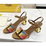 FENDI Delfina FF jacquard medium-heeled sandals brown heel 6cm 2025
