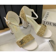 Chanel sandals leather metal chain CC logo white heel 9cm/4cm 2025