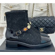 Chanel Sequins and patent leather ankle boots in black with gemstone 1209-2024