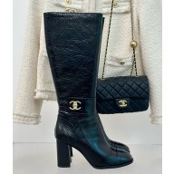 Chanel calfskin with cc logo thigh Boots black heel 8cm 1209-2024