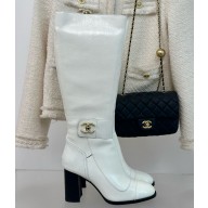 Chanel calfskin with cc logo thigh Boots white heel 8cm 1209-2024