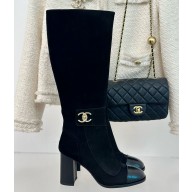 Chanel suede calfskin with cc logo thigh Boots black heel 8cm 1209-2024