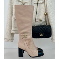 Chanel suede calfskin with cc logo thigh Boots beige heel 8cm 1209-2024