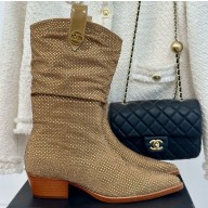 Chanel Lambskin with crystal pointed ankle Boots beige 1209-2024