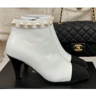 Chanel lambskin with pearl  ankle boots in white heel 7cm 1209-2024