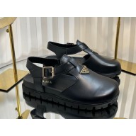 Prada Fussbett calfskin Buckle Clogs with signature logo triangle black 2025