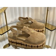 Prada Fussbett Suede Buckle Clogs with signature logo triangle beige 2025