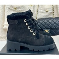 Chanel CC logo calfskin lace-up with shearling boot in black 1026-2024