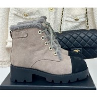Chanel CC logo calfskin lace-up with shearling boot in grey 1026-2024
