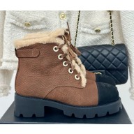 Chanel CC logo calfskin lace-up with shearling boot in brown 1026-2024