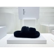 Celine Fur Slides Triomphe Open Slide in SHEARLING black