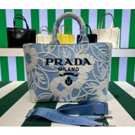Prada Embroidered Drill Tote Bag 1BG399 In Sky Blue/white 2023