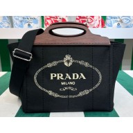 Prada Small Tote Bag in Canvas and Wood 1BG350 Black 2023