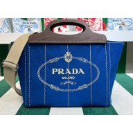 Prada Small Tote Bag in Canvas and Wood 1BG350 Blue 2023