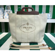 Prada Medium Tote Bag in Canvas and Wood 1BG349 White 2023