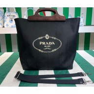 Prada Medium Tote Bag in Canvas and Wood 1BG349 Black 2023