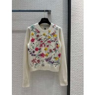 dior White Cashmere Knit with Red Multicolor Florilegio Motif 2023