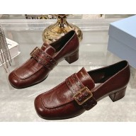 Prada Perforated Leather Buckle Heeled Loafers burgundy 2025