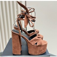 Saint Laurent Heel 14cm platform sandals in suede calfskin brown 2024