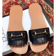 Gucci Fringe Pattern Leather Horsebit Slide Sandals 517017 Black 2018