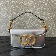 VALENTINO Garavani Locò Small metallic leather shoulder bag SILVER 2025