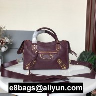 BALENCIAGA SHEEPSKIN CLASSIC METALLIC GOLD EDGE MINI CITY BAG BURGUNDY