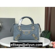 BALENCIAGA SHEEPSKIN CLASSIC METALLIC GOLD EDGE MINI CITY BAG GRAY BLUE