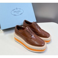 Prada Brown Brogue Leather Espadrille Derby Sneakers 2024