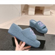 Chanel Platform CC Logo Shearling slippers blue 2024