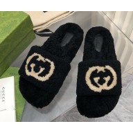 Gucci x TNF Interlocking G with shearling flat slippers black 1210-2024