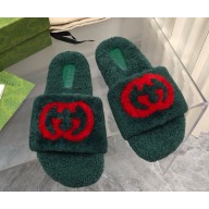 Gucci x TNF Interlocking G with shearling flat slippers green 1210-2024