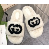 Gucci x TNF Interlocking G with shearling flat slippers white 1210-2024
