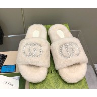 Gucci Interlocking G shearling flat slippers white 1210-2024