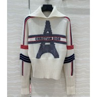 DiorAlps Mock-Neck Sweater White Wool and Cashmere Knit with Three-Tone Eiffel Tower Motif 2024