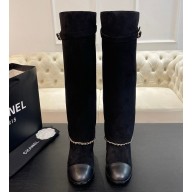 Chanel Heel 6.5cm Calfskin Chain High Boots Suede black 1026-2024