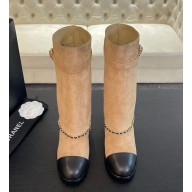 Chanel Heel 6.5cm Calfskin Chain medium Boots Suede brown 1026-2024