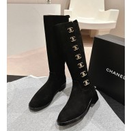 Chanel Black suede Leather CC Turn Lock Knee High Boots 1025-2024