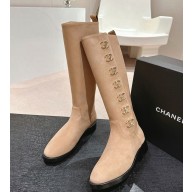 Chanel Beige suede Leather CC Turn Lock Knee High Boots 1025-2024