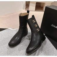Chanel Black Leather CC Turn Lock Knee ankle Boots 1025-2024