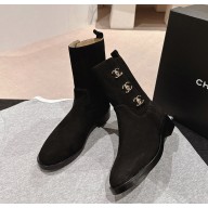 Chanel Black suede Leather CC Turn Lock Knee ankle Boots 1025-2024