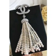Chanel CC Pearl Tassel Brooch Silver/White 2018