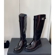 Dolce & Gabbana Logo Plaque Round Toe Leather Boots Patent Black 2024