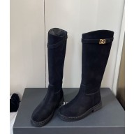 Dolce & Gabbana Logo Plaque Round Toe Leather Boots suede Black 2024