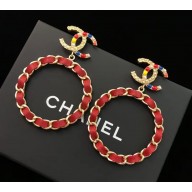 Chanel Chain and Leather Hoop Earrings Red/Gold 2018