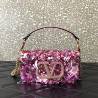 Valentino Locò Small Shoulder Bag in 3D Sequins Embroidery Pink 2023