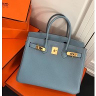 Hermes Birkin 30 Bag In Original Handmade Clemence Leather Blue Flax